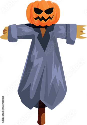 Spooky scarecrow with pumpkin head wearing a wizard costume, perfect for halloween decorations