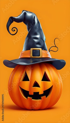 Whimsical Jack-o’-Lantern Pumpkin Wearing a Witch Hat - Bright Orange Halloween Decoration, 3D Digital Illustration
