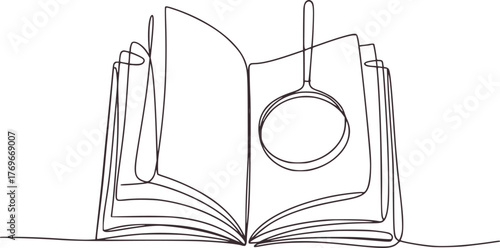 Open book with magnifying glass illustration line art black and white