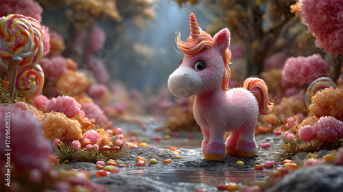 A cute 3D chibi unicorn walking in a magical candy village filled with lollipops, sweets, and gingerbread houses. Whimsical Christmas fantasy scene perfect for holiday illustrations, children’s design