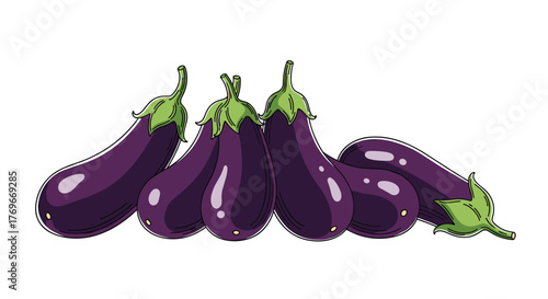 A horizontal display of six vibrant purple eggplants with green stems, presented in a clean and illustrative style on a white background.