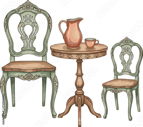 Pastel vintage furniture set, ornate chairs and pedestal table with ceramic pitcher illustration for classic interior decor and nostalgic home styling