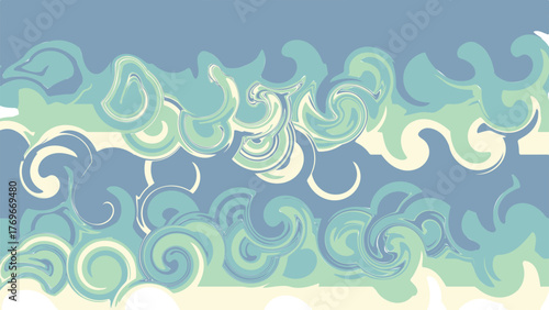 Abstract swirls flow across a blue, teal, green, yellow, and sea gradient canvas, creating a calming, artistic twirl background in a soft, dreamy color illustration