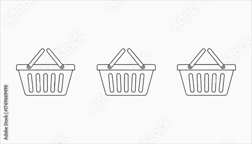Three shopping baskets arranged in a row, each with a handle and a rectangular body