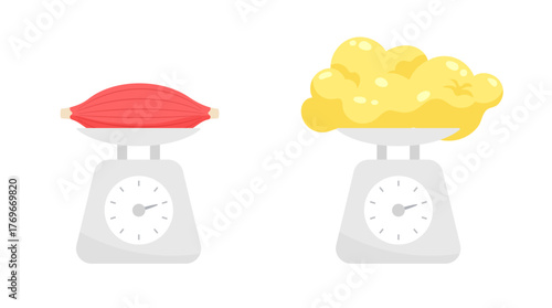 Muscle and fat on a weight scale isolated on white background. Comparison of size at the same weight. Concept of weight loss, diet, health.
