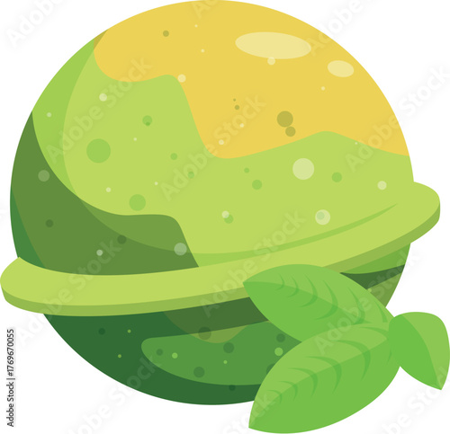 Cartoon green planet with ring and leaves promoting environmental awareness and sustainable practices