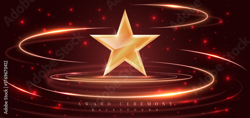 A shining gold star on a dark red background