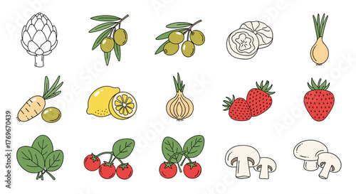 A colorful collection of fresh, healthy fruits and vegetables in a simple line art style, perfect for illustrating healthy eating habits and dietary concepts.