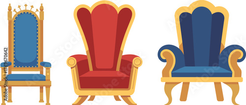Three ornate royal thrones, blue, red, and gold ceremonial chairs, vintage regal furniture illustration, luxury seating design for palace or fantasy decor