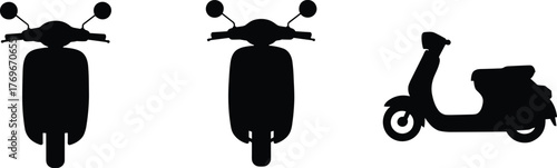 Scooter silhouette, black scooter graphic, front and side view, motorbike icon, urban mobility, vector transport, isolated white background