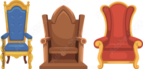 Three royal thrones, ornate blue, brown, and red chairs, vintage ceremonial furniture, regal seating illustration, luxury interior decor, fantasy royalty design