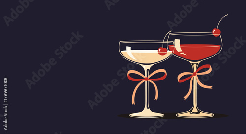 Two elegant coupe glasses with cocktails and cherries garnished with bows on a dark background.
