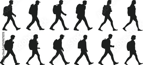Walking silhouette set, people with backpacks, side profile, pedestrian motion, black vector illustration, traveler icon, student figure, white background