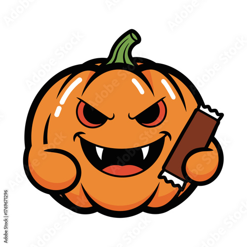 vector illustration of plump pumpkin with a candy bar