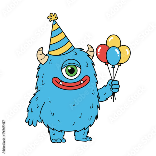 vector illustration of a cute clown monster wearing a party hat and holding balloons