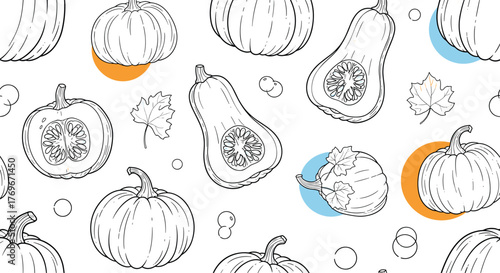 Autumn harvest seamless pattern with pumpkins and squash outline illustrations on white background.