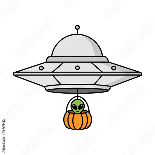 vector illustration of a flying saucer carrying a pumpkin with an alien