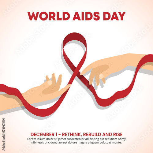 World Aids Day design with hands that want to reach each other and a red ribbon