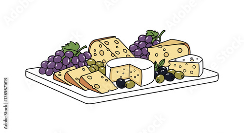 Illustration of a cheese board with grapes and olives.