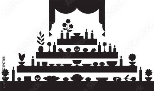 Title: Traditional Black Silhouette Day of the Dead Ofrenda Altar with Multiple Tiers of Offerings