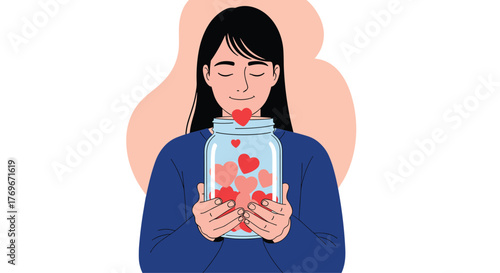 Woman holding a jar filled with hearts, symbolizing love, kindness, and giving, with closed eyes and a gentle expression.