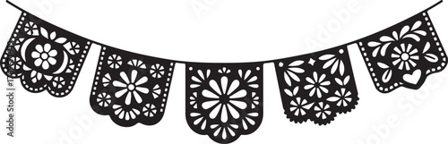 Hanging Black Papel Picado Banner Garland with Intricate Floral and Scalloped Cutouts