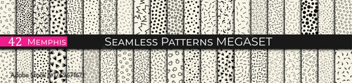 Set of 42 Seamless Memphis Style Patterns – Colorful Geometric Retro Backgrounds