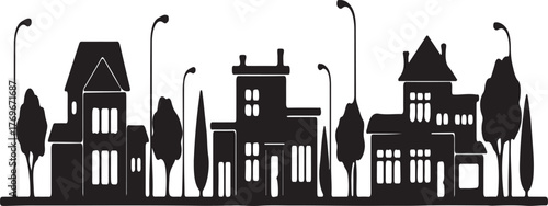 "Minimal Suburban Neighborhood Silhouette with Trees and Houses – Editorial Urban Landscape Illustration"