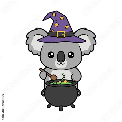 vector illustration of a koala wearing a witch hat and stirring a small cauldron