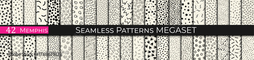 Set of 42 Seamless Memphis Style Patterns – Colorful Geometric Retro Backgrounds