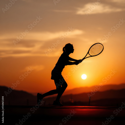 Dramatic Tennis Silhouette: Player in Action at Sunrise or Sunset.