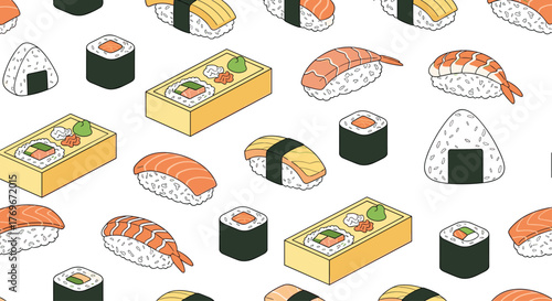 A repeating pattern of various sushi pieces in a minimalistic style on a white background, perfect for a food-related design or illustration project.
