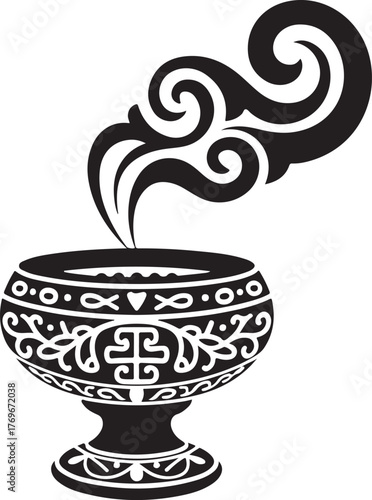 Ornate Incense Censer Black Silhouette with Stylized Swirling Smoke Rising