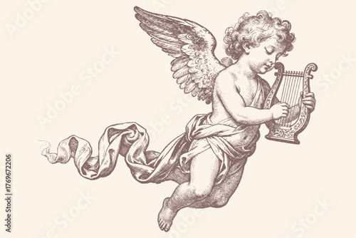 A flying cherub or angel playing a lyre. Classic vector illustration in a vintage engraving style. Elegant, romantic, and mythological character.