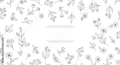 Elegant floral design with space for text, perfect for invitations and cards, featuring hand-drawn flowers and leaves in a delicate style, set against a pristine white background.