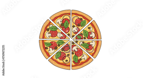 A sliced pepperoni pizza with mushrooms, onions, and basil leaves on a white background, perfect for food and restaurant themes.