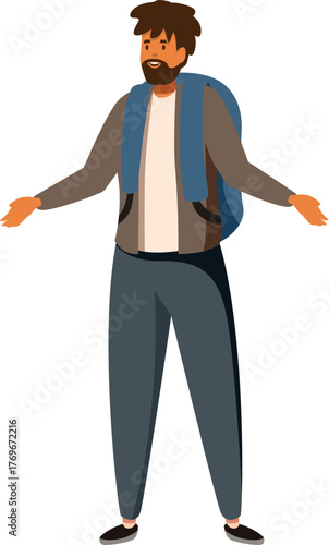 Friendly traveler with backpack is opening his arms, greeting or welcoming someone