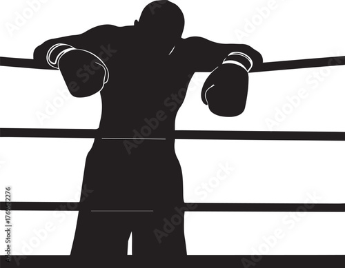 Silhouette boxer leans on ropes in boxing ring exhausted after fight championship