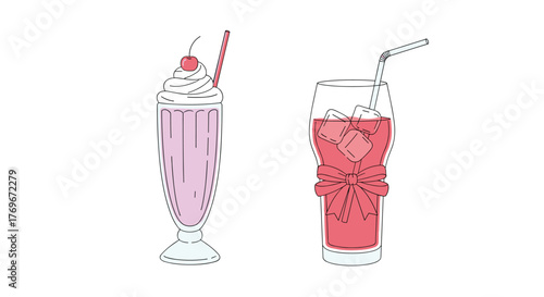 Delicious and refreshing drinks: a milkshake with whipped cream and a cocktail with ice cubes and a bow are ideal for any occasion.