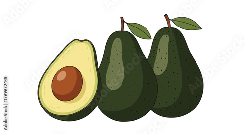 Illustration of a halved avocado and two whole avocados against a white background.