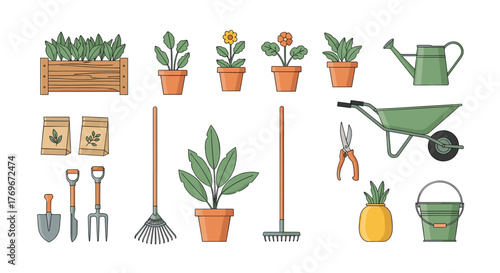 Collection of colorful gardening tools and plants, including pots, seeds, and a wheelbarrow.