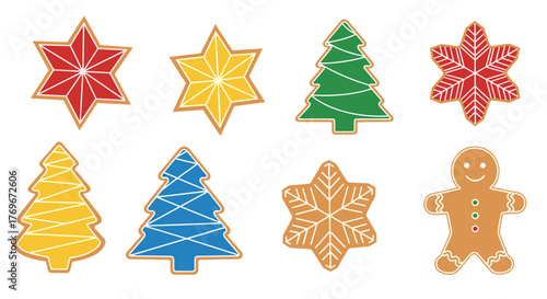 Colorful geometric Christmas cookies shaped like stars and trees  