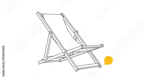Minimalist line art illustration of a classic wooden beach chair with a white fabric sling, accompanied by a small orange circular graphic on a white background.