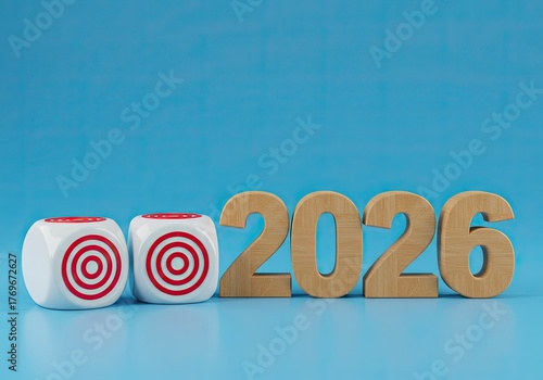 Anticipating Success The Year 2026 Illustrated with Target Dice and Wooden Numbers Representing
