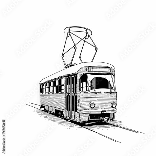 Abandoned tram in the snow line art. Vintage streetcar sketch in a hand-drawn style. Black and white graphic isolated on white background