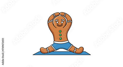 Gingerbread man doing yoga stretches on a blue mat for Christmas baking  