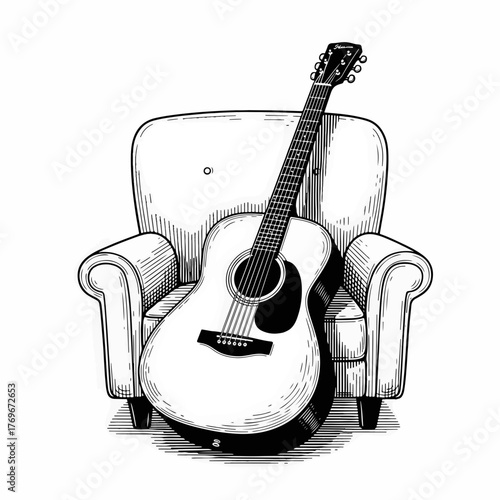 Acoustic guitar on an armchair line art drawing. Hand-drawn musical instrument in a vintage sketch style. Music and relaxation concept graphic