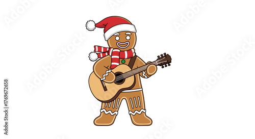 Gingerbread man playing guitar in Christmas hat and scarf  