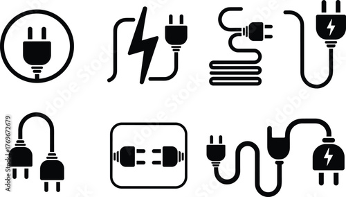 Electrical plug icons, power connection, lightning bolt symbol, energy transmission, black silhouette, cord design, adapter graphic, electricity concept
