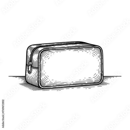 A vintage cosmetics bag illustration. Hand-drawn engraving style line art. Isolated toiletry pouch with blank copy space for branding